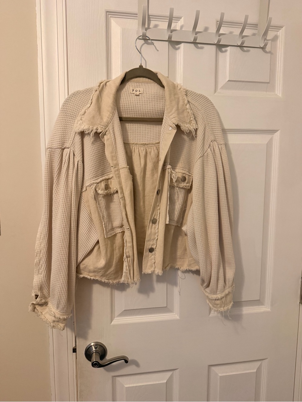 POL Cream Frayed Waffle-Texture Utility Jacket